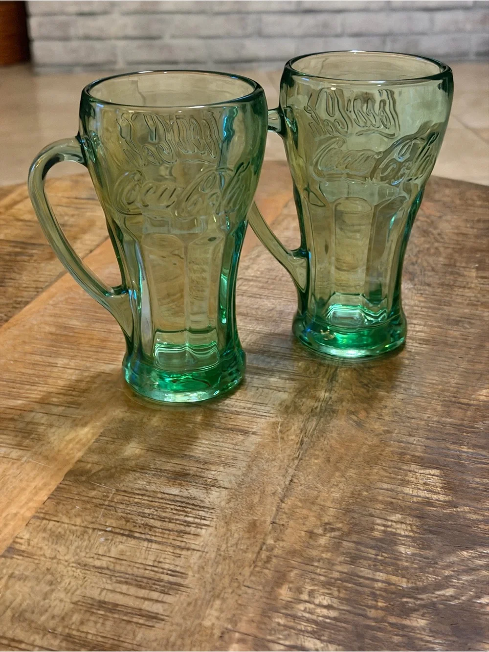 2 Vtg LIBBEY Coca Cola Coke Logo Heavy Green Glass Mugs With Handle Drink ware